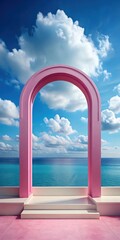 Pink Arch Podium Overlooking Ocean with Blue Sky and Clouds