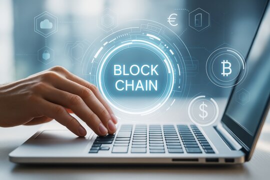 Person typing on laptop with blockchain concept graphics and cryptocurrency symbols on a light tech background. Ai generative.