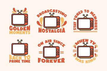 Old-School TV Illustrations with Catchy Typography. Retro TV Quote Badge Set. Vintage Television Nostalgia Graphics