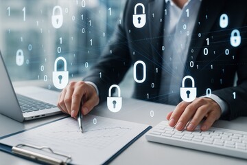 Businessman analyzing data on digital cybersecurity concept with lock icons and binary code on light technology background in modern office environment.