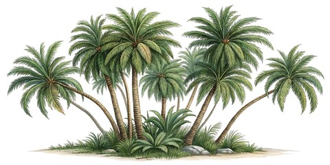 Fototapeta premium A cluster of lush green palm trees with fronds swaying gently in a tropical breeze