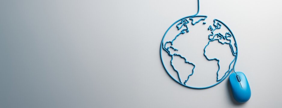 Blue computer mouse cable forming a world map on a clean gradient background, symbolizing global connectivity and digital technology concepts.