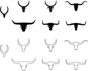 Bull head silhouette icons set flat, outline style, vector buffalo, ox skulls with horn variations, black wild animal symbol for cowboy, rodeo, tribal, Western or logo design on transparent background
