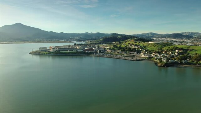 Aerial view of San Quentin Rehabilitation Center, a California state prison for men, located north of San Francisco in the USA, on a sunny day.