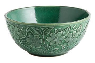 Green ceramic bowl with floral relief pattern isolated on transparent background