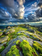 Emerald moss carpet on weathered granite outcrop with wispy lichen and ferns