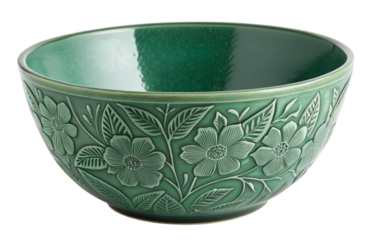 Green ceramic bowl with floral relief pattern isolated on transparent background