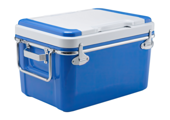 Blue cooler, rectangular,  with white accents.  Metal handles and latches