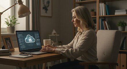 A woman works at a desk with a laptop showing a cloud security graphic in a dimly lit room