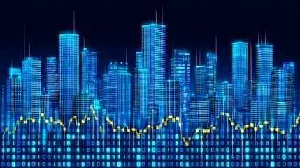 Digital cityscape with financial data overlay.