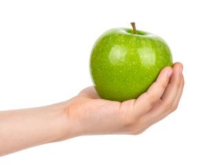 Child's hand holding a green apple Isolated on Transparent or White Background.