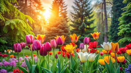 Colorful tulips in a serene coniferous garden with vibrant greenery and sunlit blooms amidst spring foliage