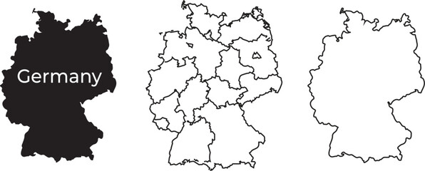 Vector Map of Germany Collection. Featuring Solid Silhouette and Outline Maps with Federal State Regions for Geography and Travel Designs.

