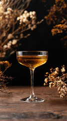 Elegant Hugo Spritz cocktail served in a beautiful glass on a wooden surface with floral decorations.