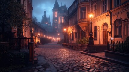 Obraz premium Cobblestone street at dawn in an old European city, fog.