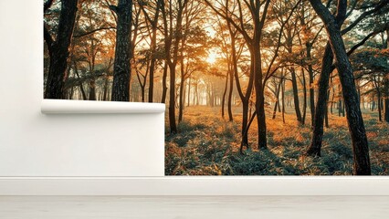 Renter friendly wallpaper. Cottagecore mecool somany Wall panelling Ceramic window tint Obsbot Rollable screen serenelife Hauslane Sunlit autumn forest trees with orange foli