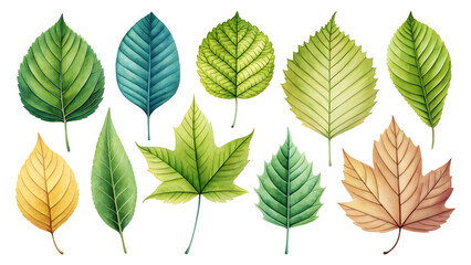Obraz premium Assorted Watercolor Leaves in Various Green and Yellow Hues