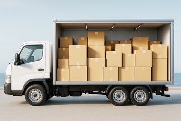 Delivery truck filled with cardboard boxes parked on a clear day near ocean under bright sky, showcasing modern transport on light background.