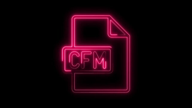 Glowing neon C F M file icon isolated on black background vibrant pink light symbol futuristic technology