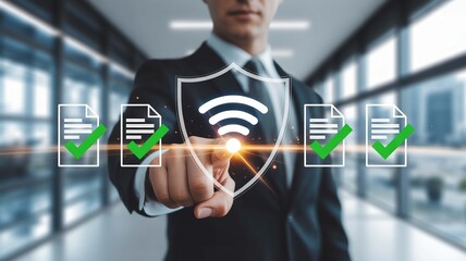 Cyber Security Protection Business Man with Secure WiFi Network Data Document Safety File Management and Technology