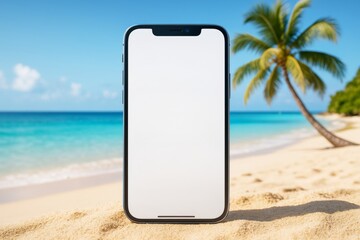 Smartphone mockup with blank screen standing upright on sandy beach with blue ocean and palm tree in background under clear sky. Ai generative