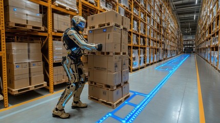 Robot moving boxes in modern warehouse, automation and innovation in logistics