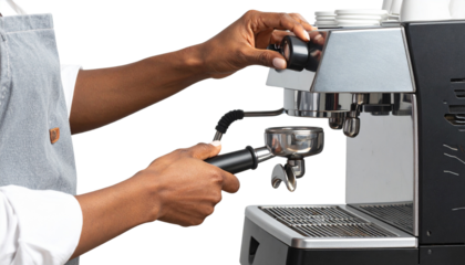 Barista's hand preparing delicious fresh coffee with portafilter Isolated on Transparent or White Background.
