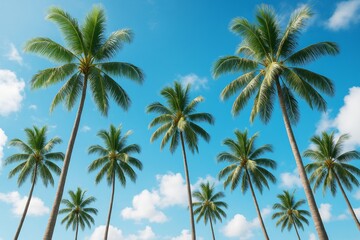 Fototapeta premium Tall palm trees under bright blue sky with scattered clouds, tropical travel background concept with creative light atmosphere captured outdoors.