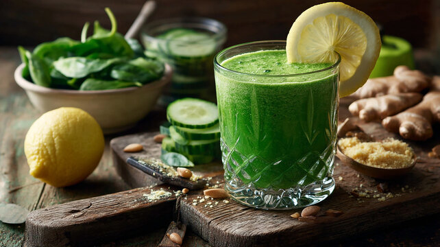glass green smoothie and spinach, cucumber, apple, tablespoon bowl lemon juice, grated ginger