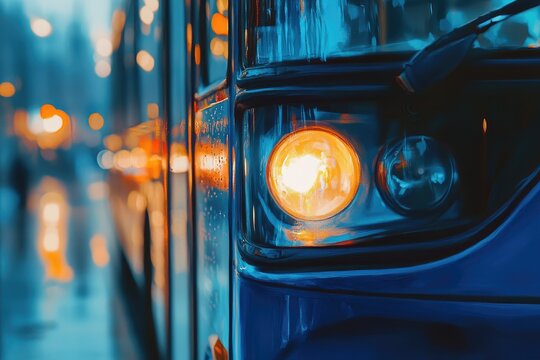 Close-up of a bus headlight at dusk.  City lights blur in background - Powered by Adobe