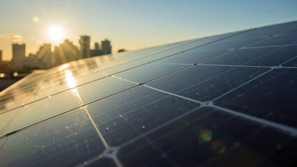Bifacial. Solar panels close-up with city skyline sunset, renewable en