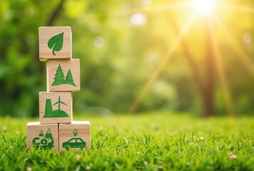 Wooden blocks with eco-friendly icons on green grass with sunlight