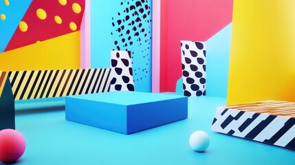 Obraz premium Colorful, abstract, geometric shapes, vibrant, modern, 3d, display, podiums, scene, background, interior, 