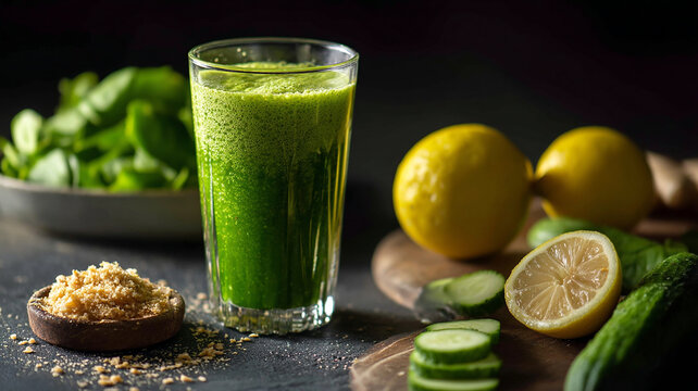glass green smoothie and spinach, cucumber, apple, tablespoon bowl lemon juice, grated ginger