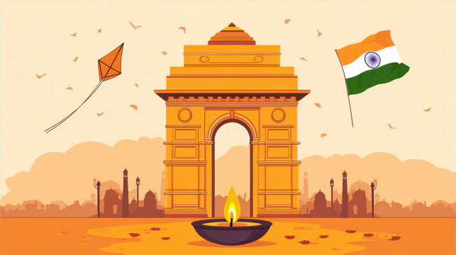 A vibrant illustration celebrating India's Independence Day with iconic symbols.
