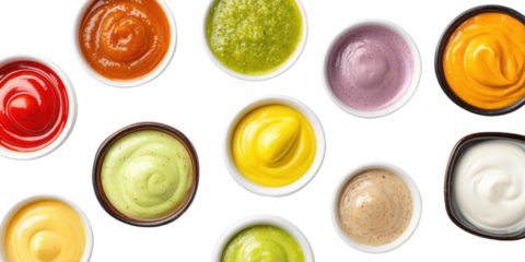 Assorted dipping sauces in small white bowls