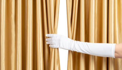 Elegant hand in white glove pulls back gold curtain to reveal stage Isolated on Transparent or White Background.