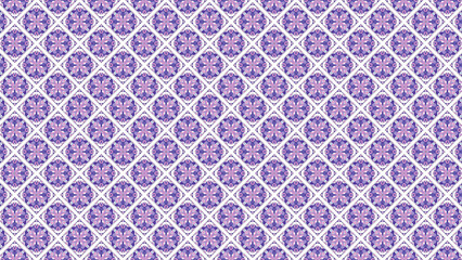 Repeated floral pattern in shades of purple and white with a diamond grid background design