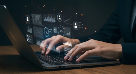 Hands typing on a laptop with glowing digital data overlay