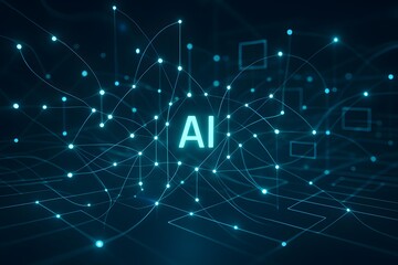 Obraz premium Futuristic Technology Concept with Blue Neon Lines and AI Text on a Dark Background Representing Artificial Intelligence and Data Connections