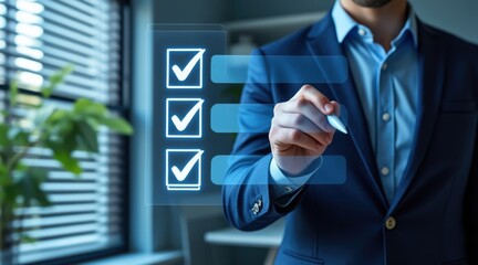 Businessman checking off items on a digital checklist