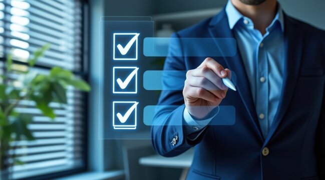 Businessman checking off items on a digital checklist
