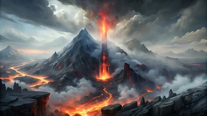 Surreal digital painting of volcano erupting with a red thermometer core emitting molten lava and rising smoke  