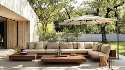 Modern outdoor sectional sofa set on a light-colored patio