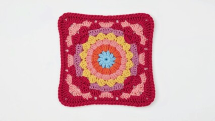 Granny Square. Colorful crochet square with mandala pattern, handmade 