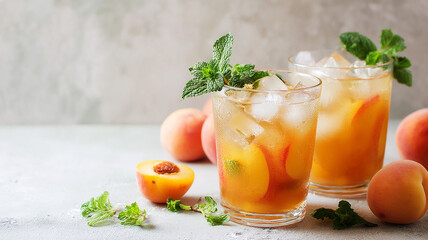 Fototapeta premium Ice peach tea or cocktail with mint and apricots, a recipe for a refreshing summer drink. Two glasses with peach fruit lemonade on light table, detox diet and weight loss concept, menu for restauran