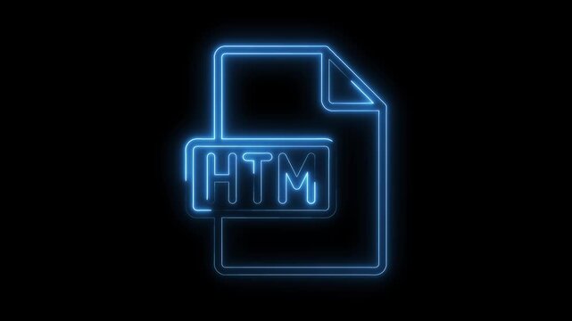 Glowing blue neon H T M file icon animation on transparent black background futuristic digital technology