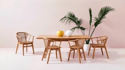 Japandi Furniture. Modern wooden chairs round table minimalistic inter