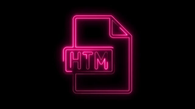 Glowing neon H T M file icon symbol bright pink light on black background futuristic digital technology