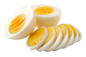 Sliced hard boiled eggs and half egg isolated on transparent background